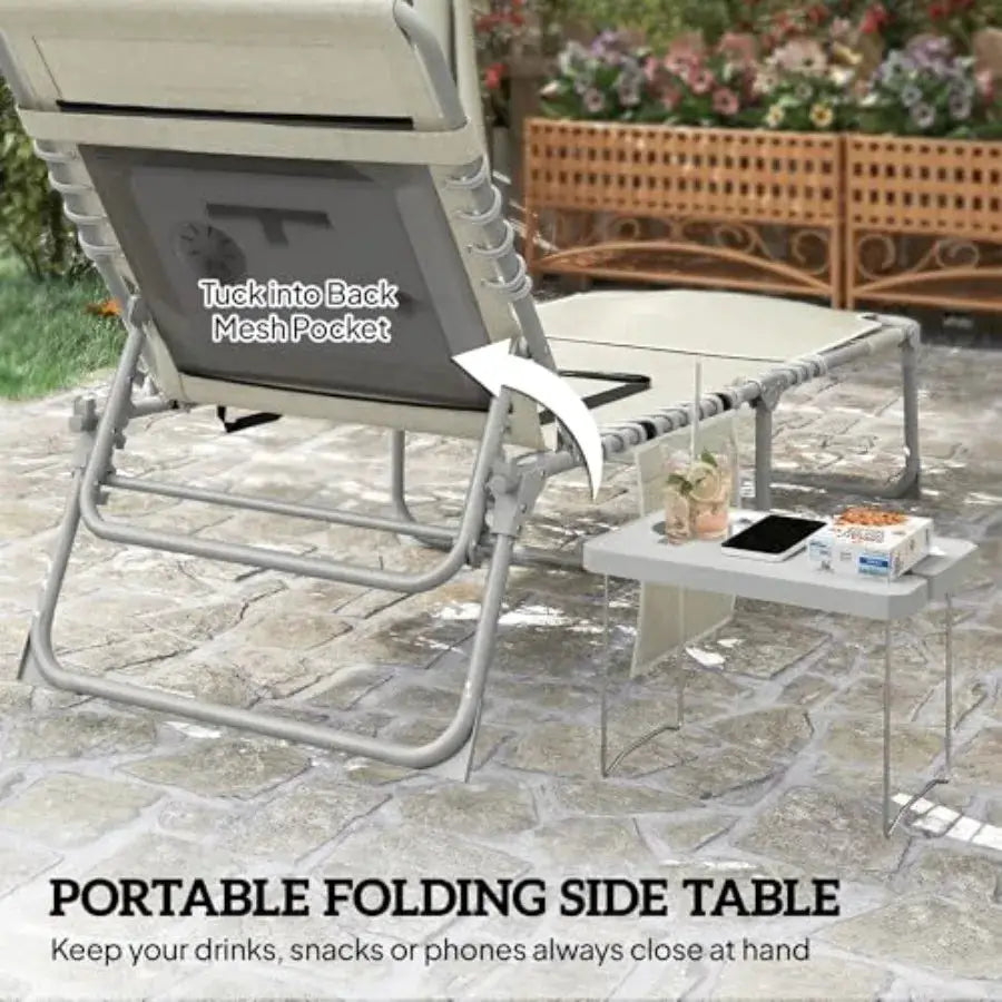 Outdoor tanning chair with face hole and side table, beige breathable mesh, 5-position reclining folding chaise lounge for beac from PriceLows™