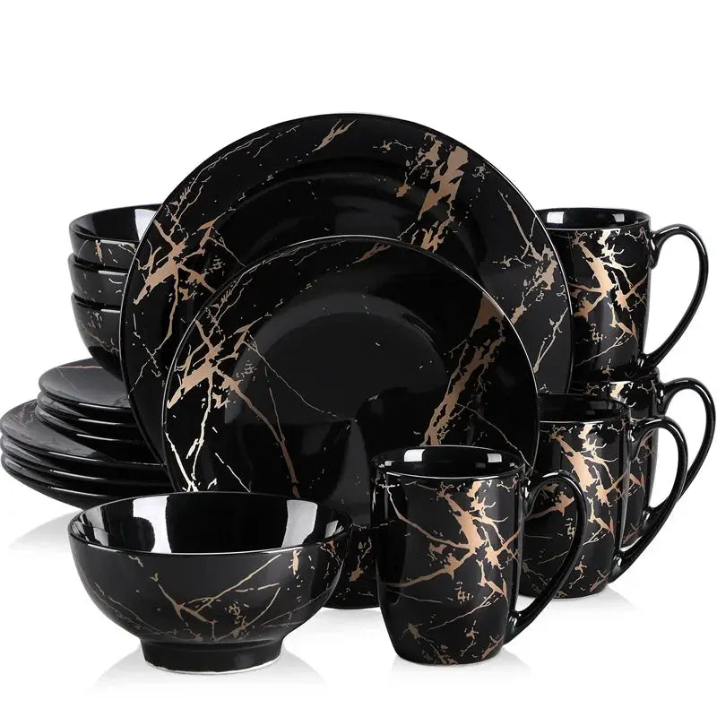 16Pcs Black Procelain Tableware Set Design By Gold Splash with Dinner Plate/Cake plate/Bowls/Coffee Cups Kitchen Dinner Ware Set from PriceLows™