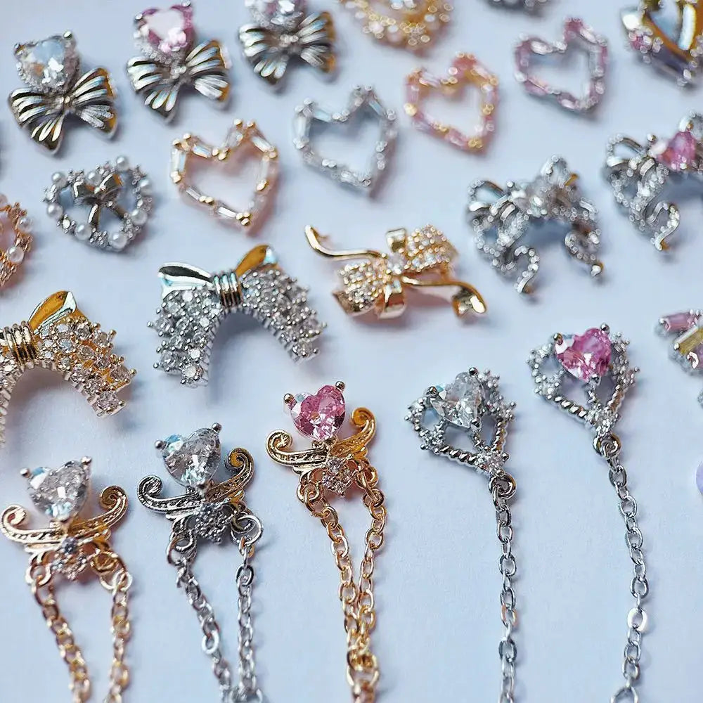 10pcs Valentine's Day Pink Love Heart Ribbon Zircon Metal Nails Jewelry Decorations Nail Art Accessories Charms Parts Supplies from PriceLows™