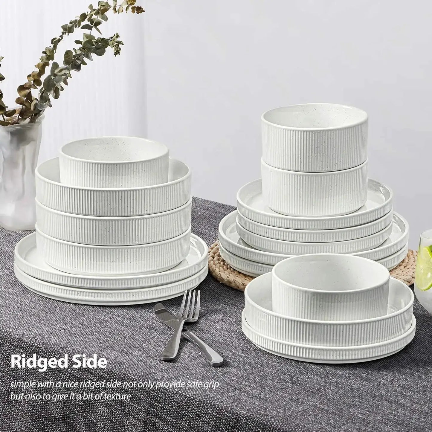 Dinnerware Sets with Pasta Bowls for 4, 16 Piece Stoneware Plates and Bowls Set, Speckled White from PriceLows™