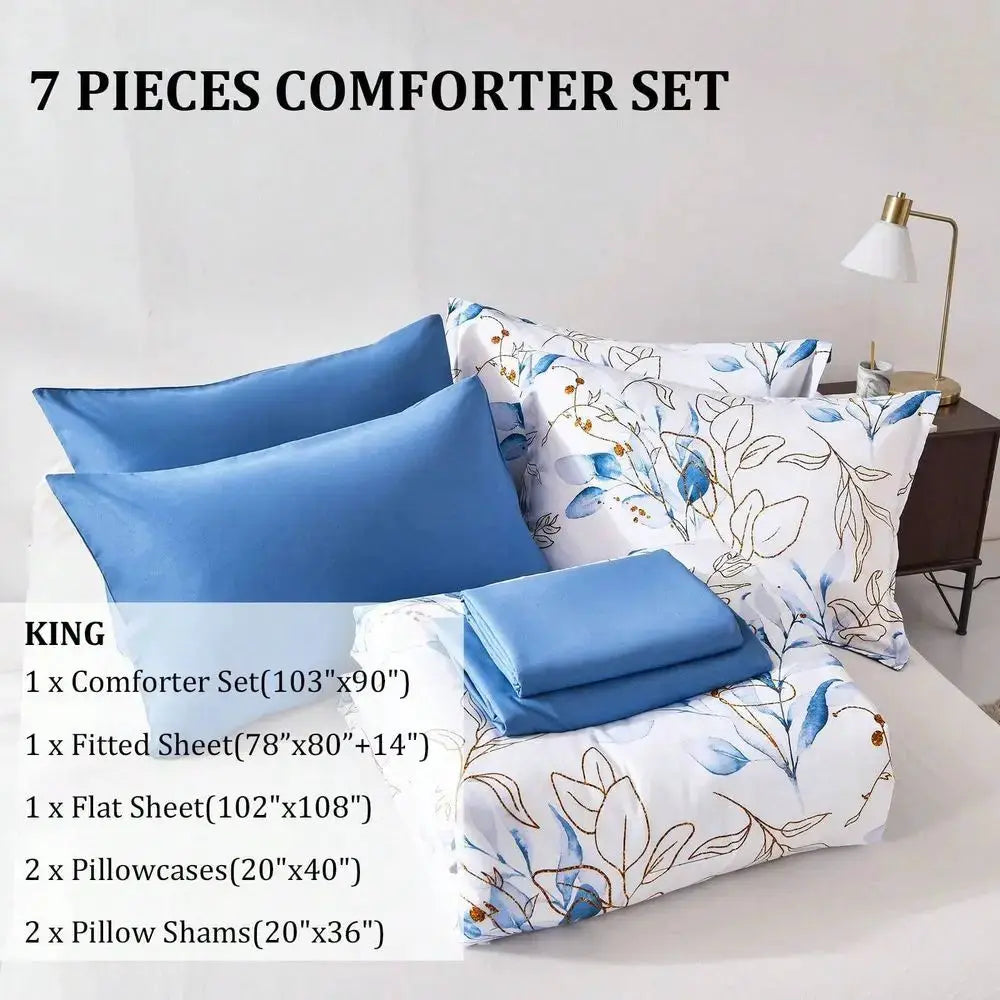 Pieces Botanical Comforter Set Queen King Size,Floral Reversible Bed In A Bag Gold Blue Leaves Bedding Set Queen 1 Comforter,2 P from PriceLows™