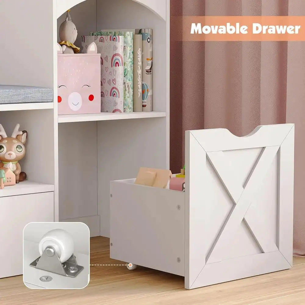White Kids Castle-Shaped Bookshelf with Reading Nook, Storage, Seat Cushion, LED Lights, and 3 Movable Desks for Playroom or Bed from PriceLows™