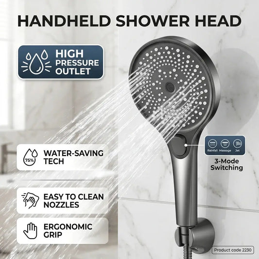 High Pressure Boost Handheld Shower Head, 3 Spray Modes Rainfall/Massage/Jet, G1/2 Universal Connection, Bathroom from PriceLows™