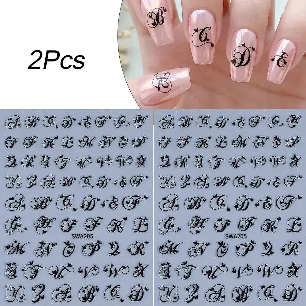 2Pcs Black White English Letter Alphabet 3D Nail Art Stickers Nail Decals with Love Heart Simple Style DIY Manicure Decorations from PriceLows™