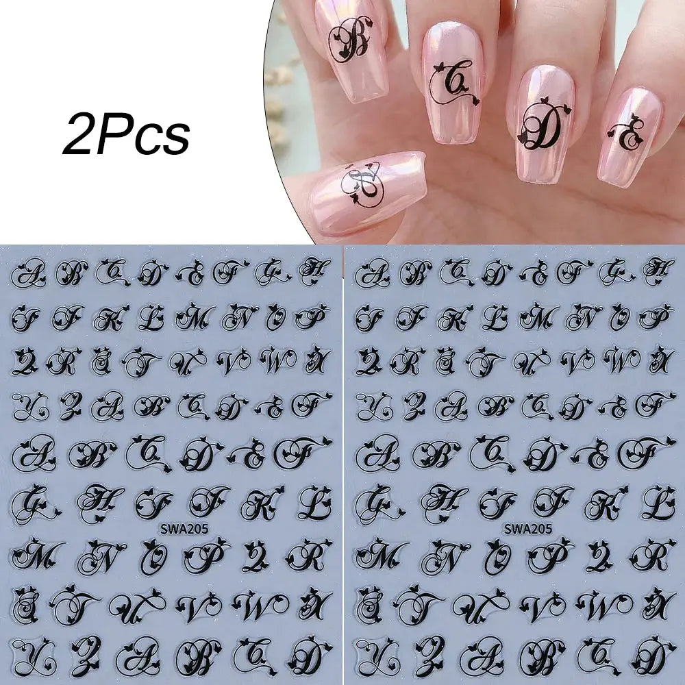 2Pcs Black White English Letter Alphabet 3D Nail Art Stickers Nail Decals with Love Heart Simple Style DIY Manicure Decorations from PriceLows™