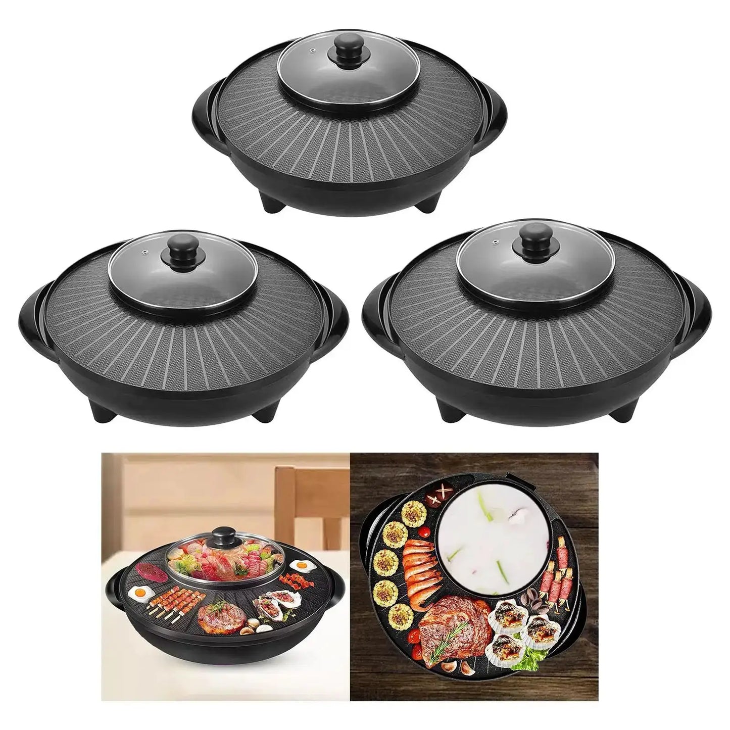 Electric Grill | 2 In 1 With Hot Pot | Nonstick Round Griddle | Indoor Outdoor Camping