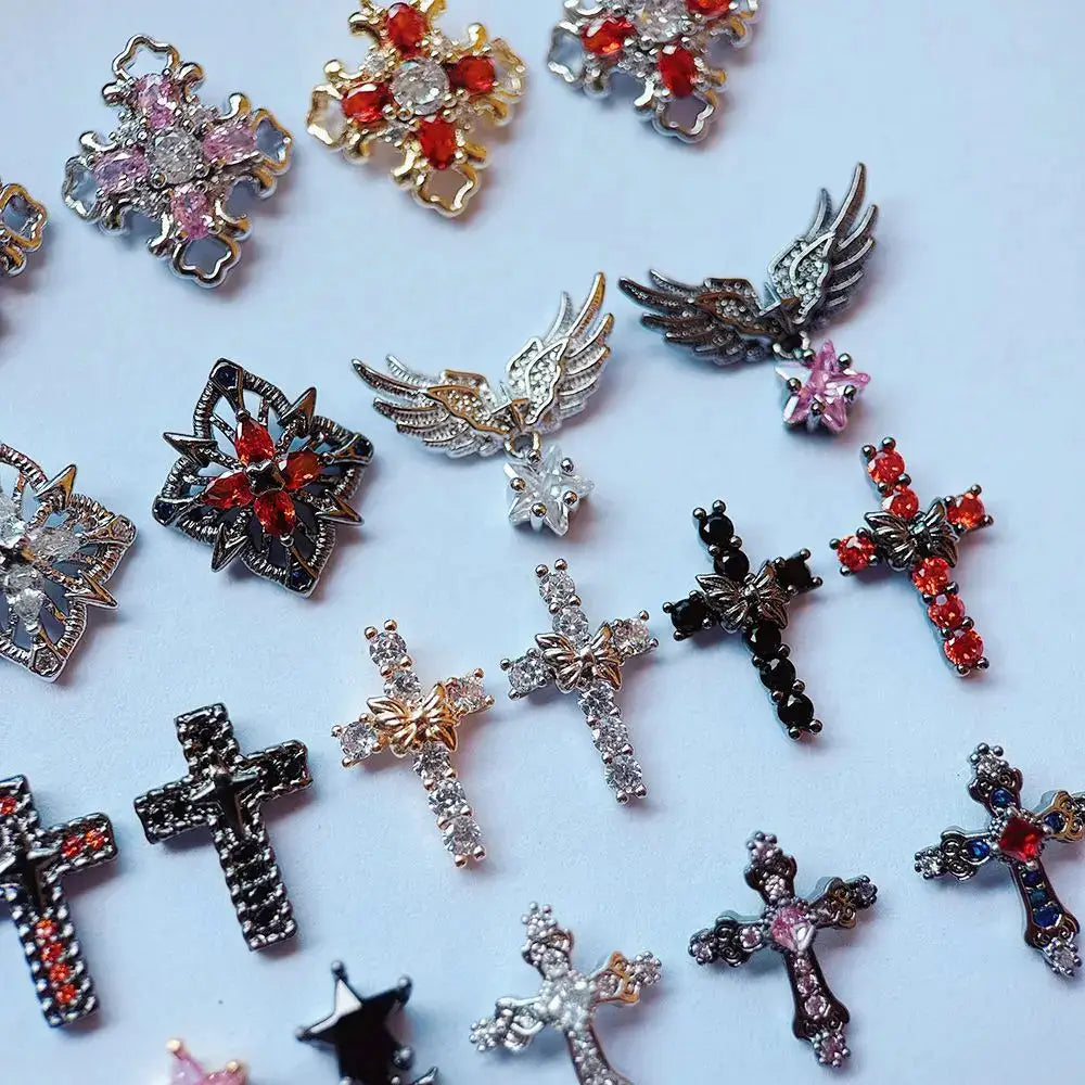 10pcs/lot Luxury Halloween Black Cross Heart Zircon Metal Nails Jewelry Decorations Nail Art Accessories Charms Parts Supplies from PriceLows™