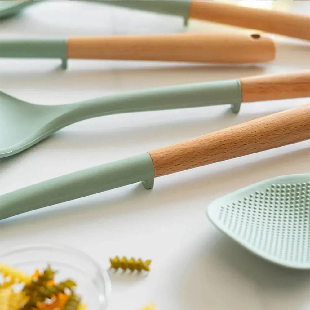 Silicone Spatula Set | Wooden Handle | Nonstick Design | 5 Piece White