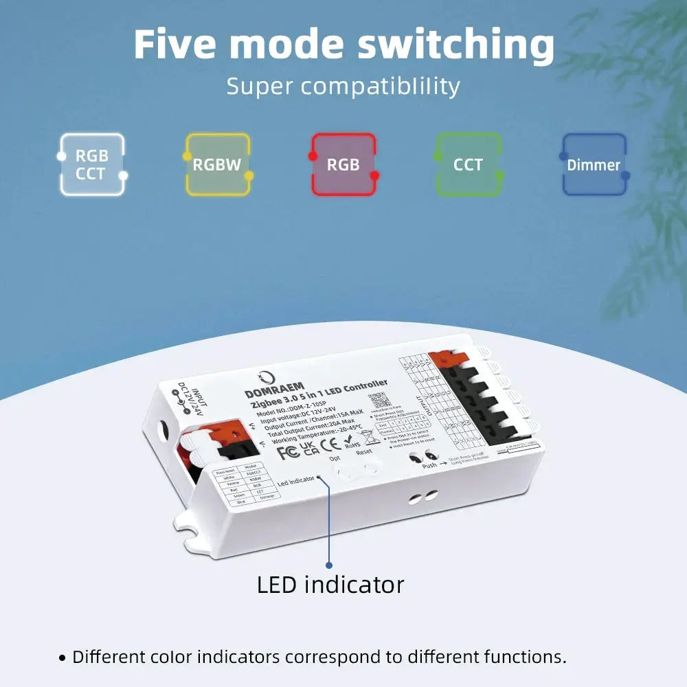 DOMRAEM Zigbee 3.0 5 in 1 LED Strip Controller DIMMER CCT RGB RGBW RGBCCT Compatible with HU*E SmartThings APP Voice 20A Max from PriceLows™