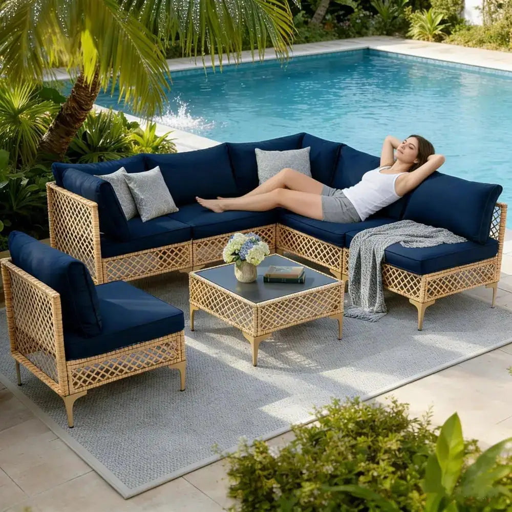 7-Piece Outdoor Patio Sectional Set with Water-Resistant Cushions and Coffee Table, Suitable for Garden, Yard, Poolside in Natur from PriceLows™