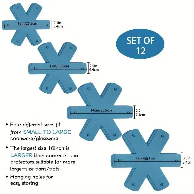 Pot And Pan Protectors | 12 Piece Set | Four Sizes | Stacking Separator Pads