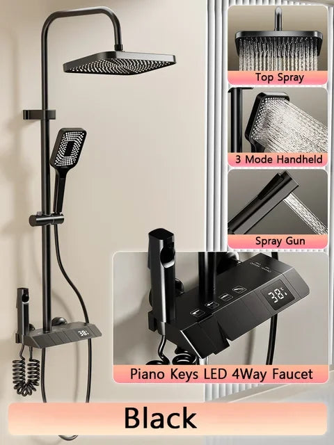 Shower Set | LED Display Brass | Bar Shape Polished | Black White Gray
