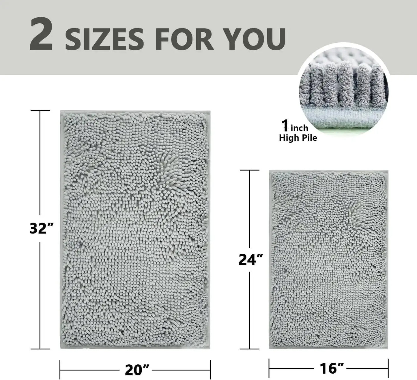 Ultra Soft Chenille Bath Mat Set 2-Piece, Non-Slip Absorbent Bathroom Rugs, Machine Washable (32x20+24x16 Inch, Light Grey) from PriceLows™