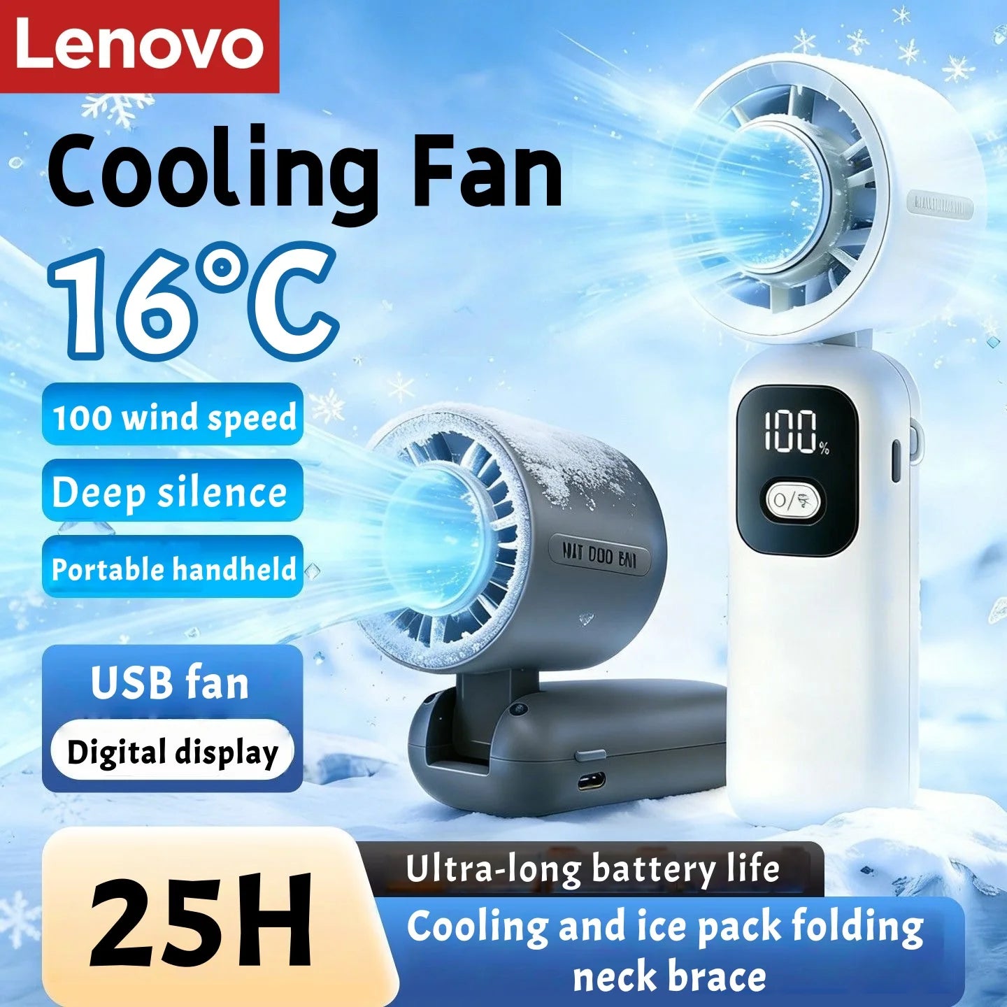 Lenovo Portable Fan | 100 Speed Levels | Foldable Design | One Size