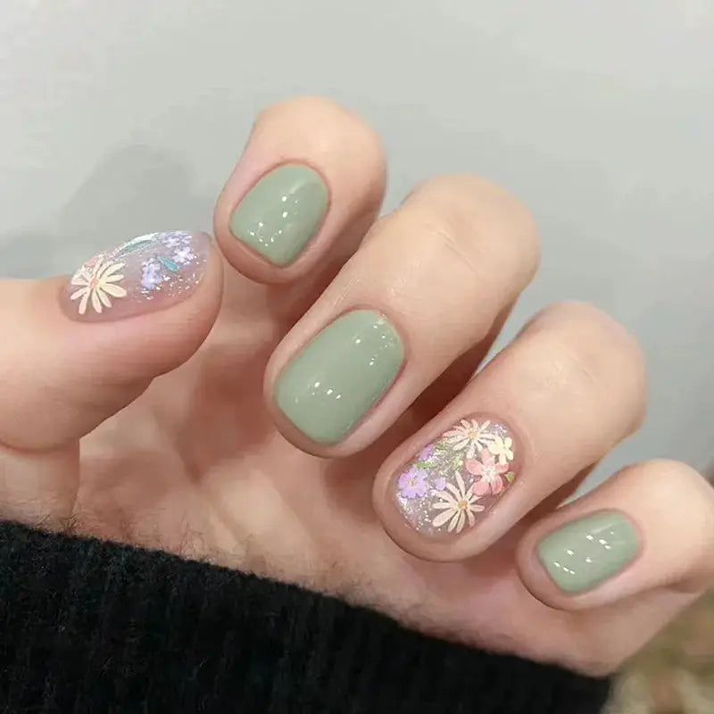 Short Almond Press On Nails | Pink Floral French | Reusable Full Cover | 24 Pcs
