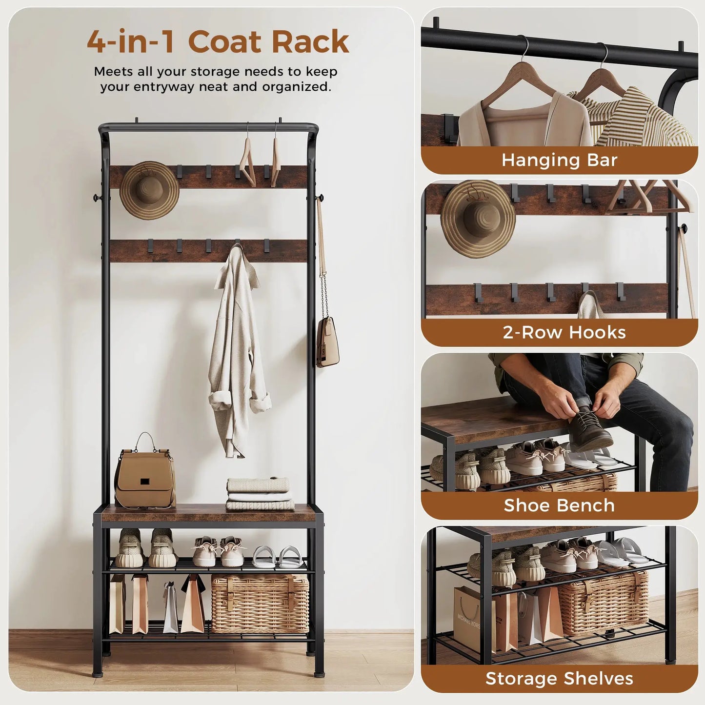 JHK 4-in-1 Coat Rack with Shoe Bench Entryway Bench with Shoe Storage Hooks Mudroom Storage Organizer with Shelves For Home from PriceLows™