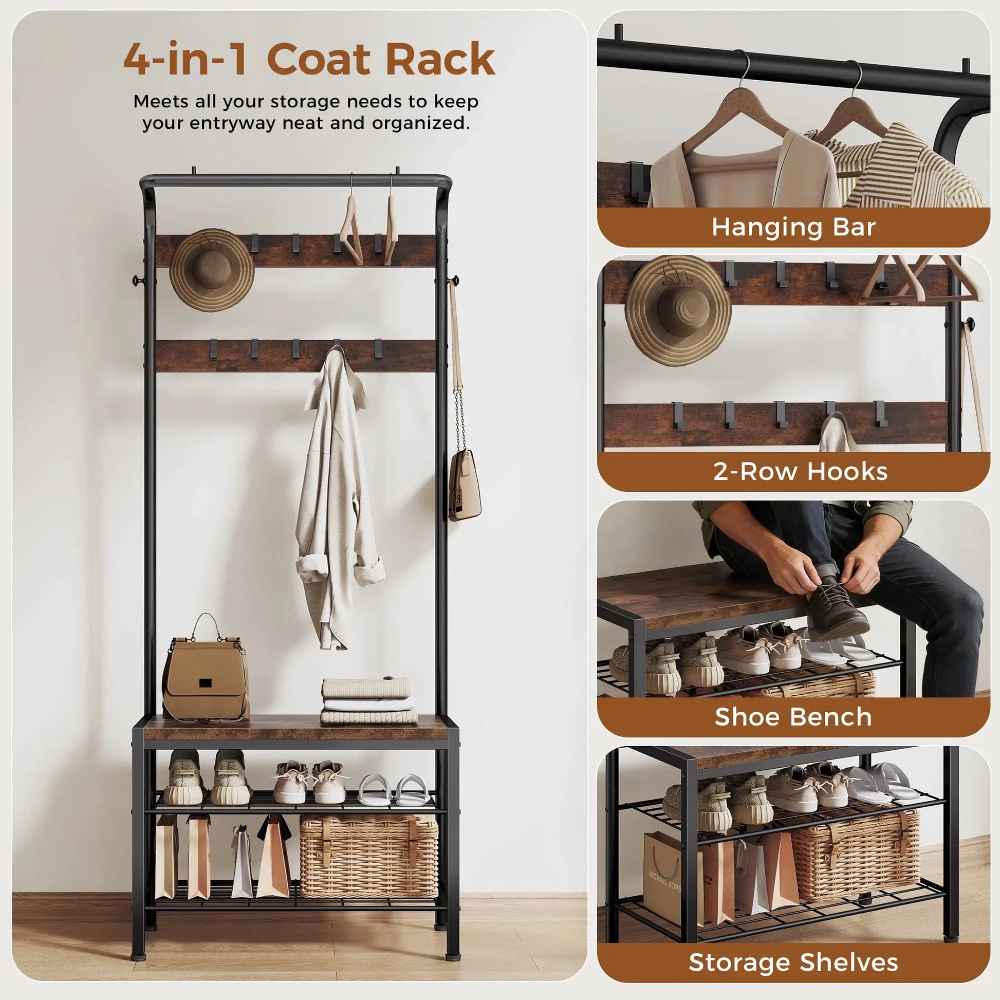JHK 4-in-1 Coat Rack with Shoe Bench Entryway Bench with Shoe Storage Hooks Mudroom Storage Organizer with Shelves For Home from PriceLows™