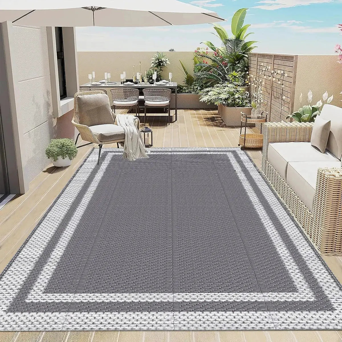 Outdoor Waterproof Reversible Plastic Straw Patio Rugs PP Material Double Layer PP Pipe Woven Carpets Family Picnic Mats from PriceLows™