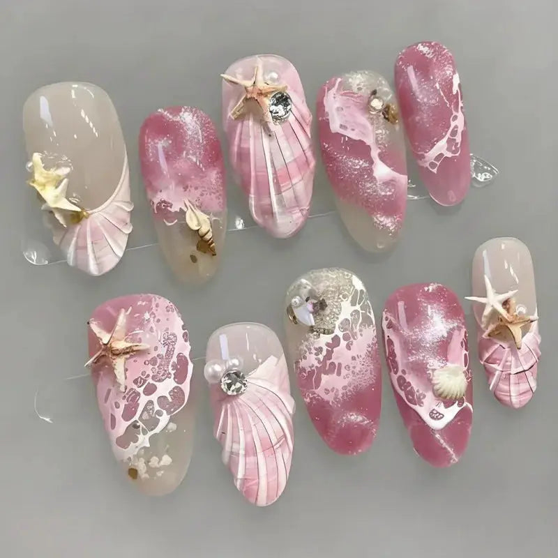 Press On Nails | 3D Seashell Design | Almond Shape | 24 Piece Set