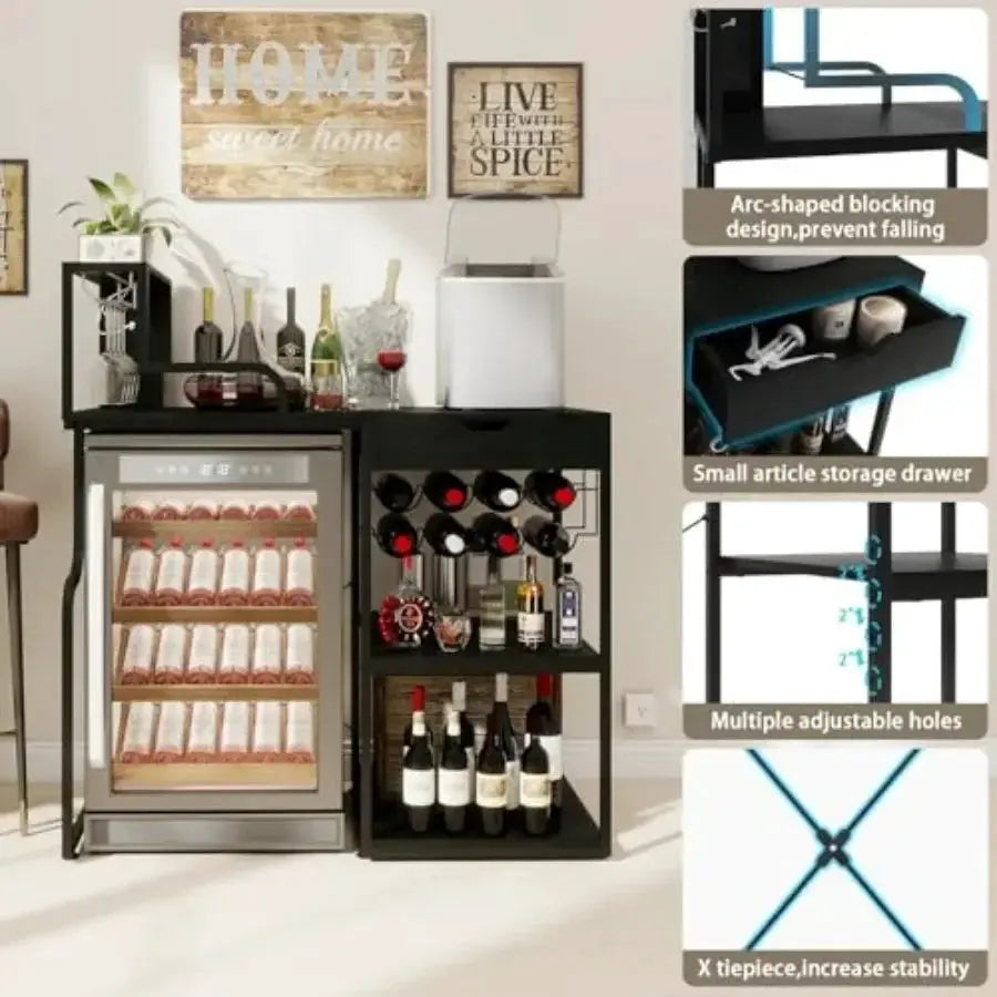 Wine Bar Cabinet with Mini Fridge Space and Pull-Out Drawer for Dorm Living Room Kitchen, Black Metal Wood, LED Light, Whiskey from PriceLows™