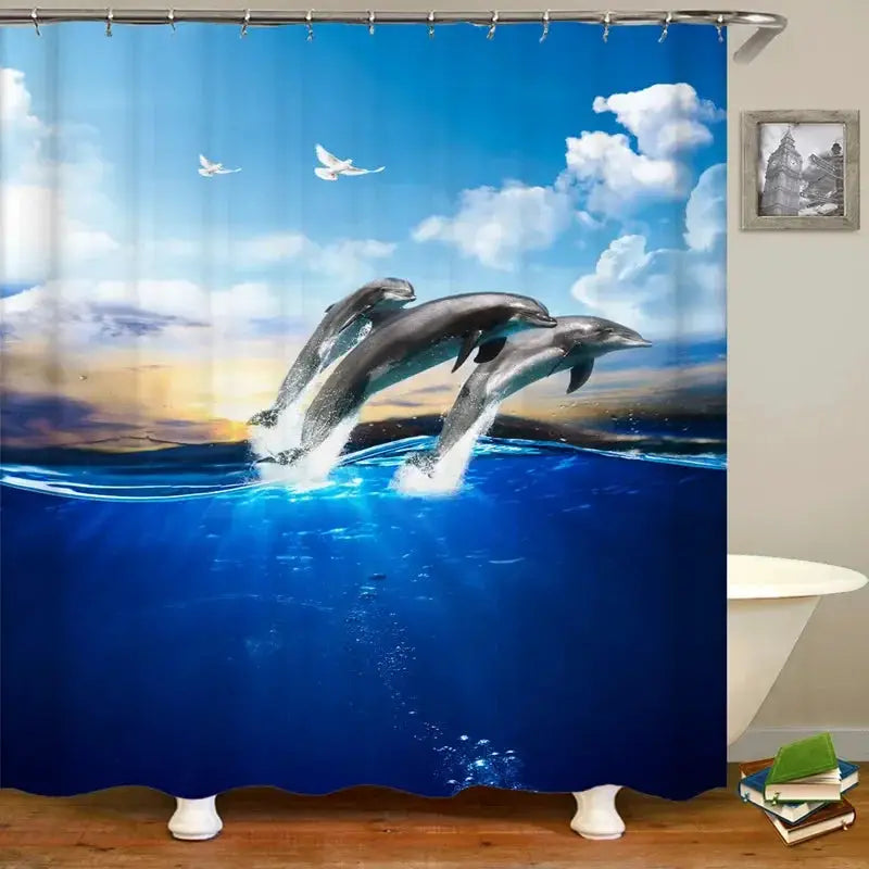 Dolphin Shower Curtain Sea Theme Shower Curtain Hook Washable Dolphin Waterproof 3D Animals Shower Curtain for Bathroom Decor from PriceLows™