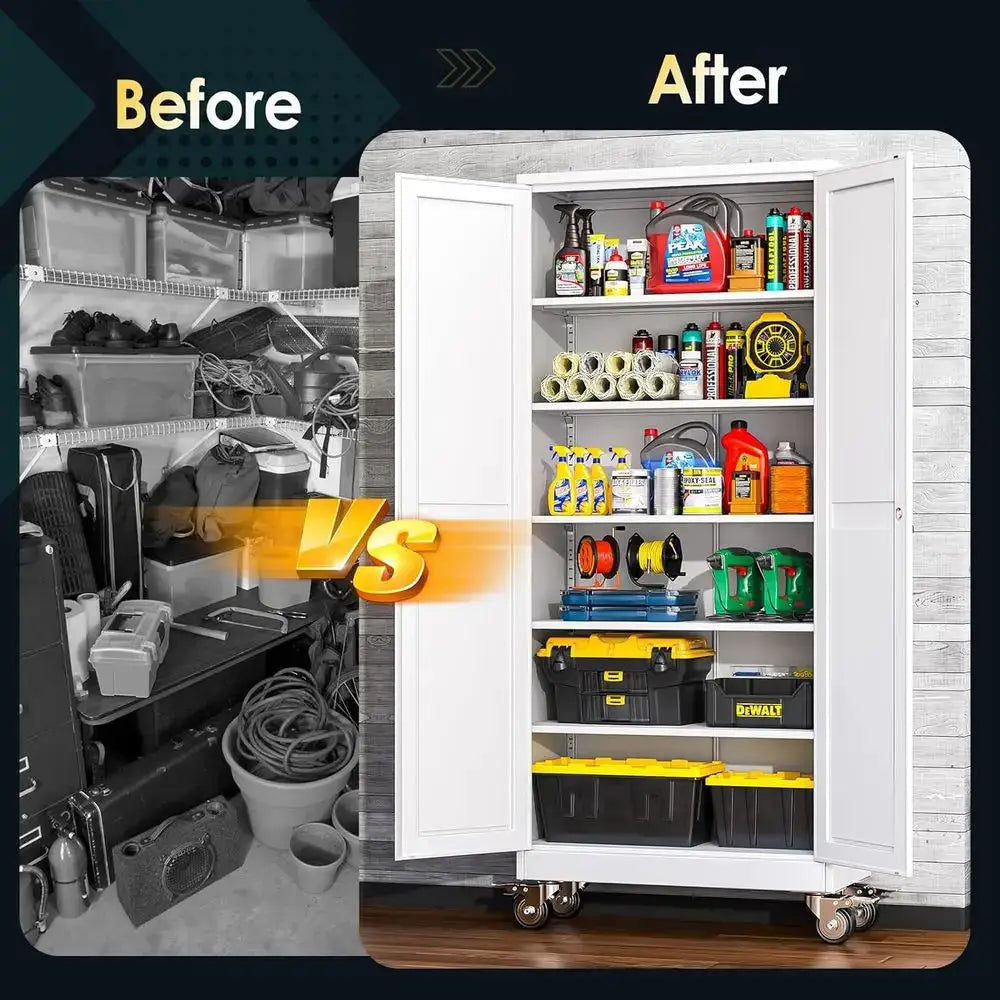 75 High Metal Storage Cabinet with Wheels, 2 Doors & 5 Shelves, White, Ideal for Home, Office, Warehouse from PriceLows™