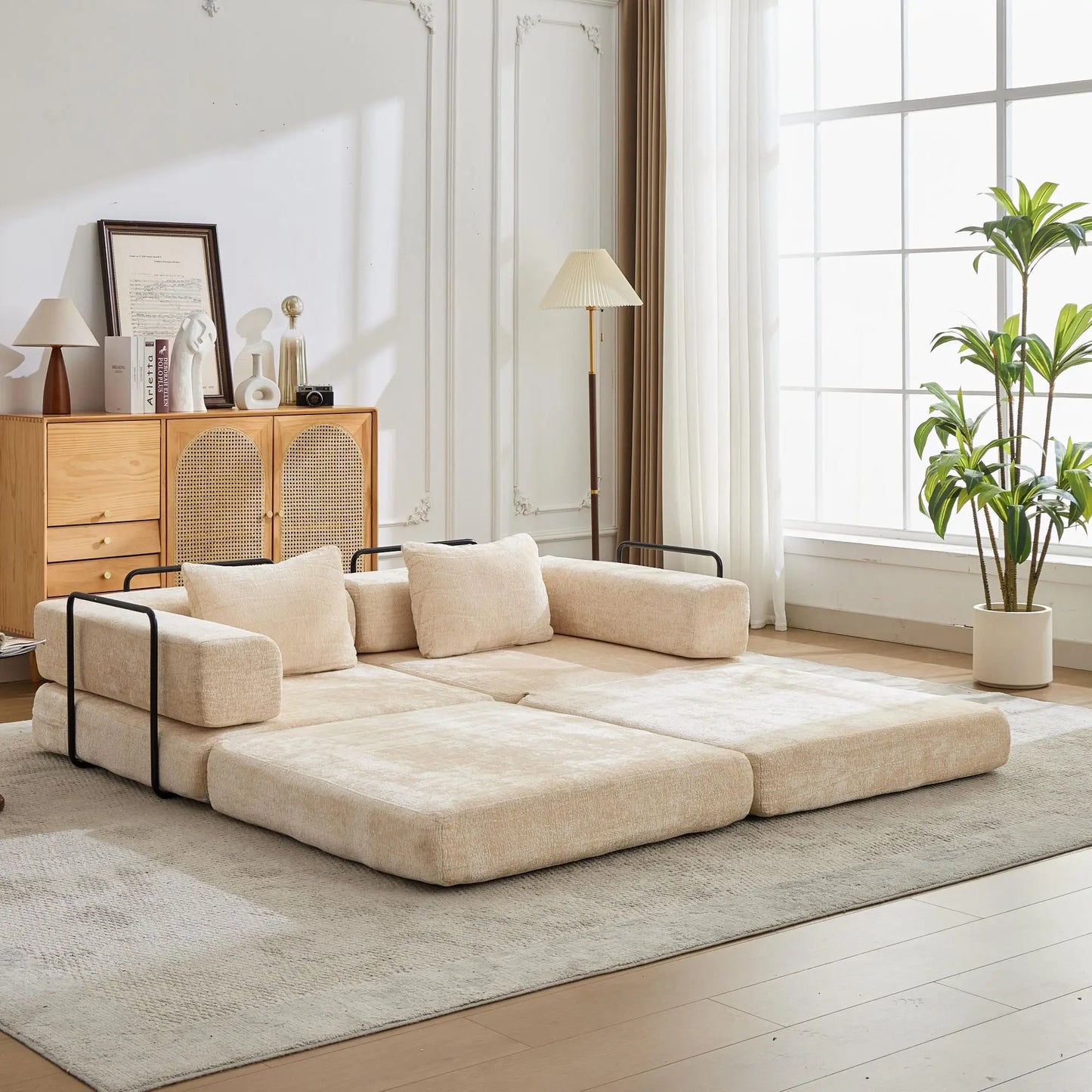 Convertible Sofa Bed | Wood Frame | Chenille Fabric | Beige