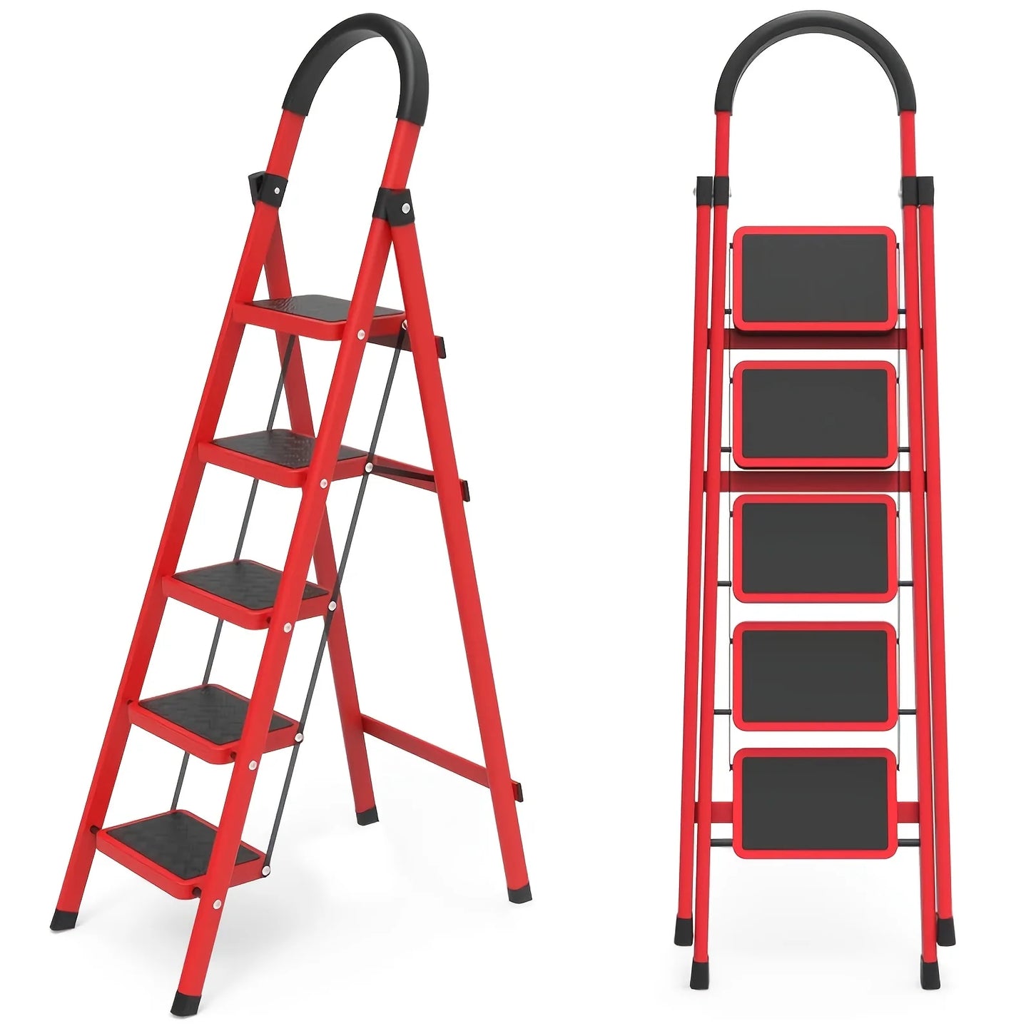 330lbs Load-bearing Folding Ladder | Heavy-duty Steel Step Stool with Anti-slip Wide Treads, Handrails, Safety Lock Design, Black And Red Color Scheme, Portable Multi-functional Ladder for Home And Kitchen Use-CVNU from PriceLows™
