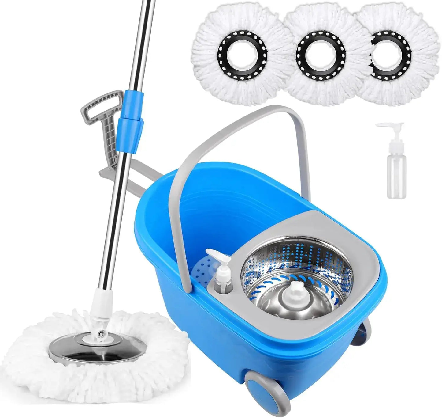 Blue Spin Mop Bucket Sets 360° Spinning Cleaning Tools with 3 Microfiber Replacement Heads, 61" Extended Handle Household Item from PriceLows™