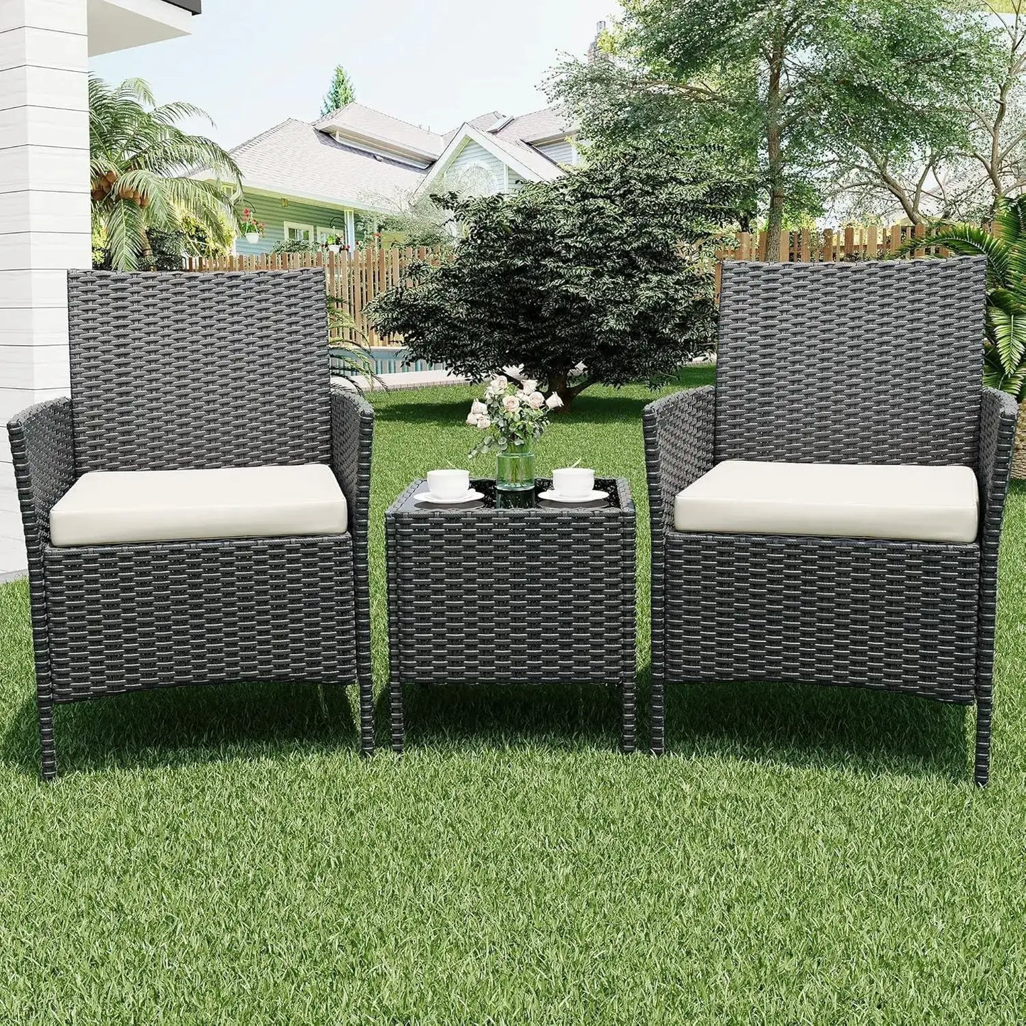3 Piece Outdoor Patio Furniture Set, PE Rattan Wicker Chairs with Soft Cushions, Tempered Glass Coffee Table, All Weather Conversation Set for Garden Porch Poolside Balcony from PriceLows™