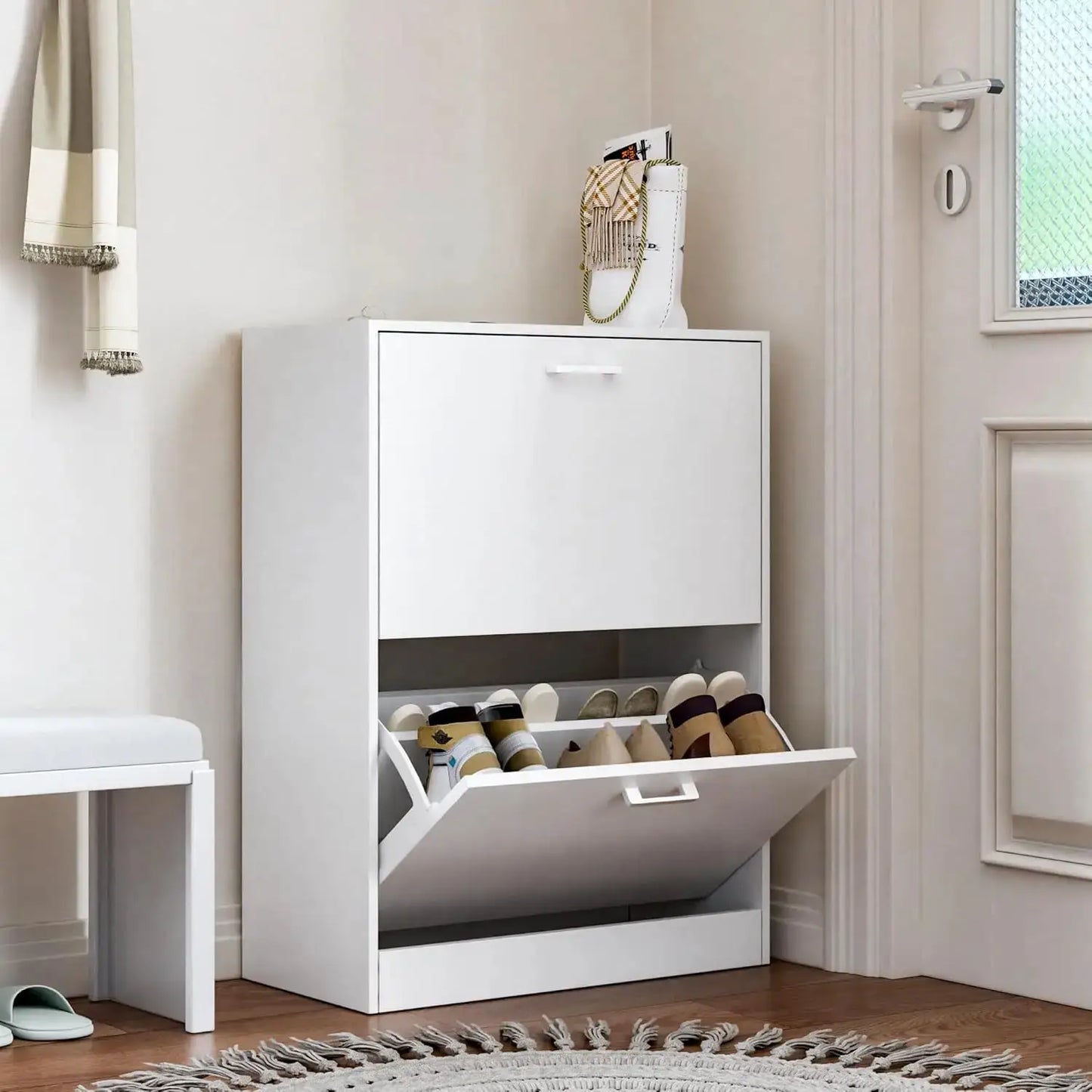 Shoe Cabinet with 2 or 3 Flip Drawers, Hidden Slim Freestanding Shoe Storage Cabinet, Narrow Freestanding Shoe Organizer from PriceLows™