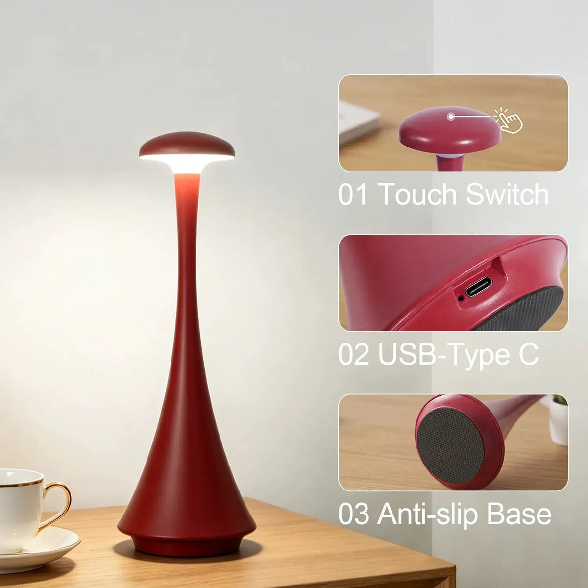 Mushroom Table Lamp | Touch Control | Rechargeable USB C | 2000mAh