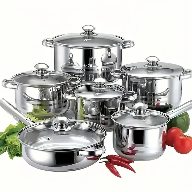 12pcs Stainless Steel Kitchen Cookware Set, (6Pots+6Lids) Cookware Set with Handles And Lids, Includes Different Sizes of Stockpots with Frying Pans, Dishwasher Safe, Easy to Clean, Durable And Heat Resistant, Silver Handle from PriceLows™