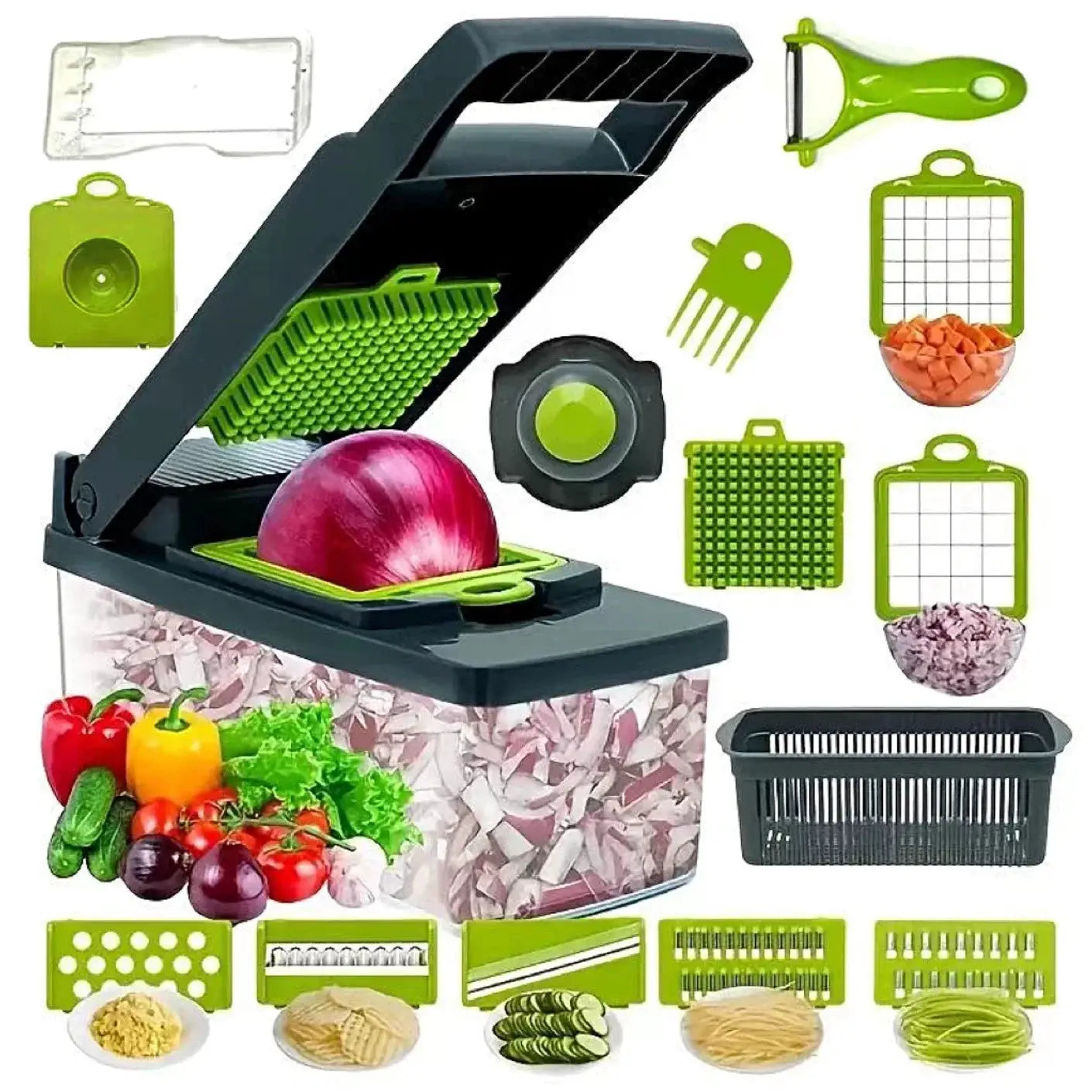 Vegetable Chopper | 14 In 1 Functionality | Stainless Steel Blades | 14 In 1