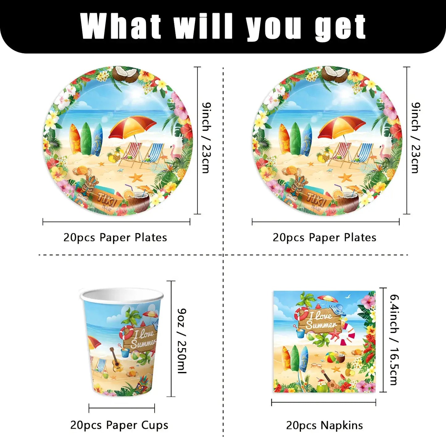 Summer Beach Party Tableware Set | Paper Plates Cups Napkins With Tablecloth
