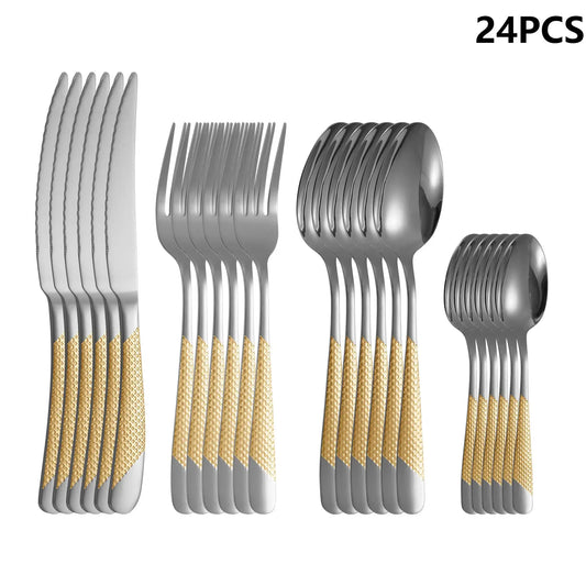 4/6/16/24pcs Stainless steel cutlery set Star Diamond series gold-plated handle cutlery including knife, fork and spoon Western from PriceLows™
