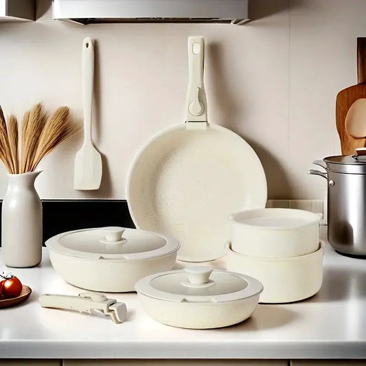 [Kitchen Upgrade]12pcs Granite Non-Stick Cookware Set W/Detachable Handles And Space-Stack Pots & Pans for Healthy Cooking & Eff from PriceLows™