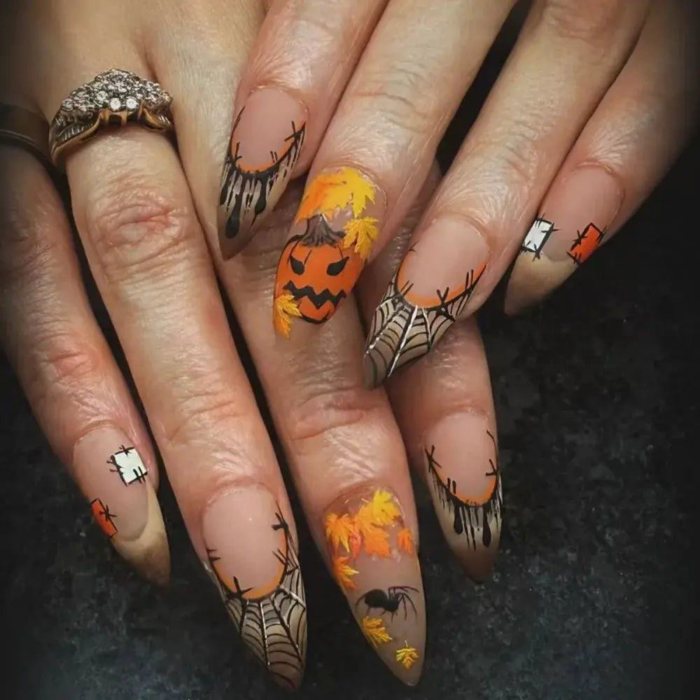 Press On Nails | Short Square | Red French Tip Spider Web | 24 Piece Set