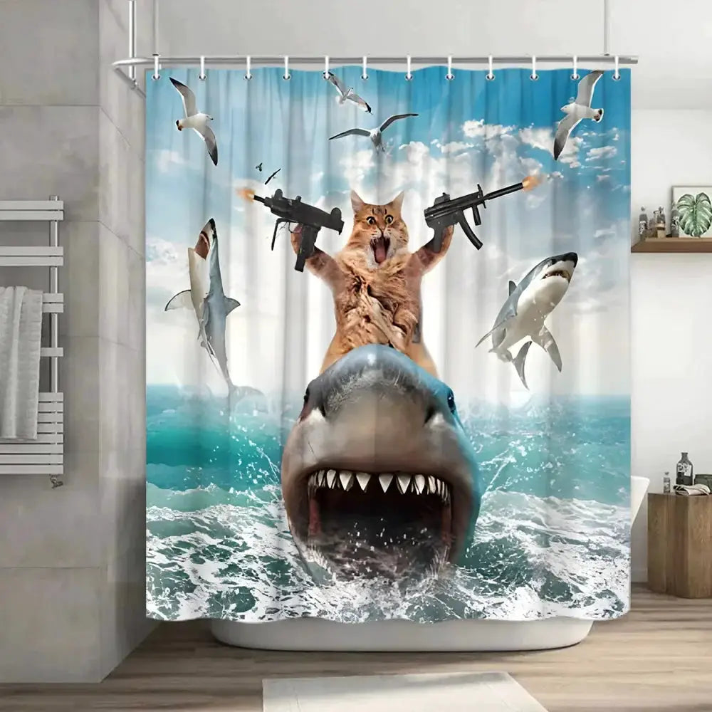 Funny Cat Shower Curtain Fun Animal in Bathtub with Fish Cloth Fabric Shower Curtain Hilarious Pet Bathroom Decor Set with Hooks from PriceLows™