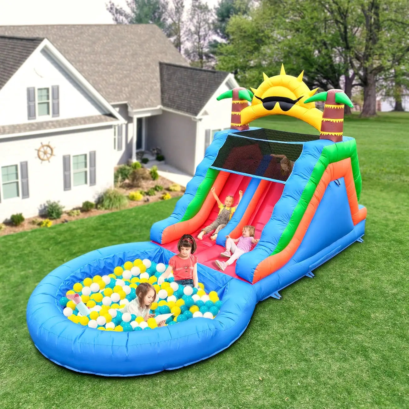 Inflatable water slide, Commercial Bounce House with Water Slide PVC and a 950W Air blower Children's playground bubble pool from PriceLows™