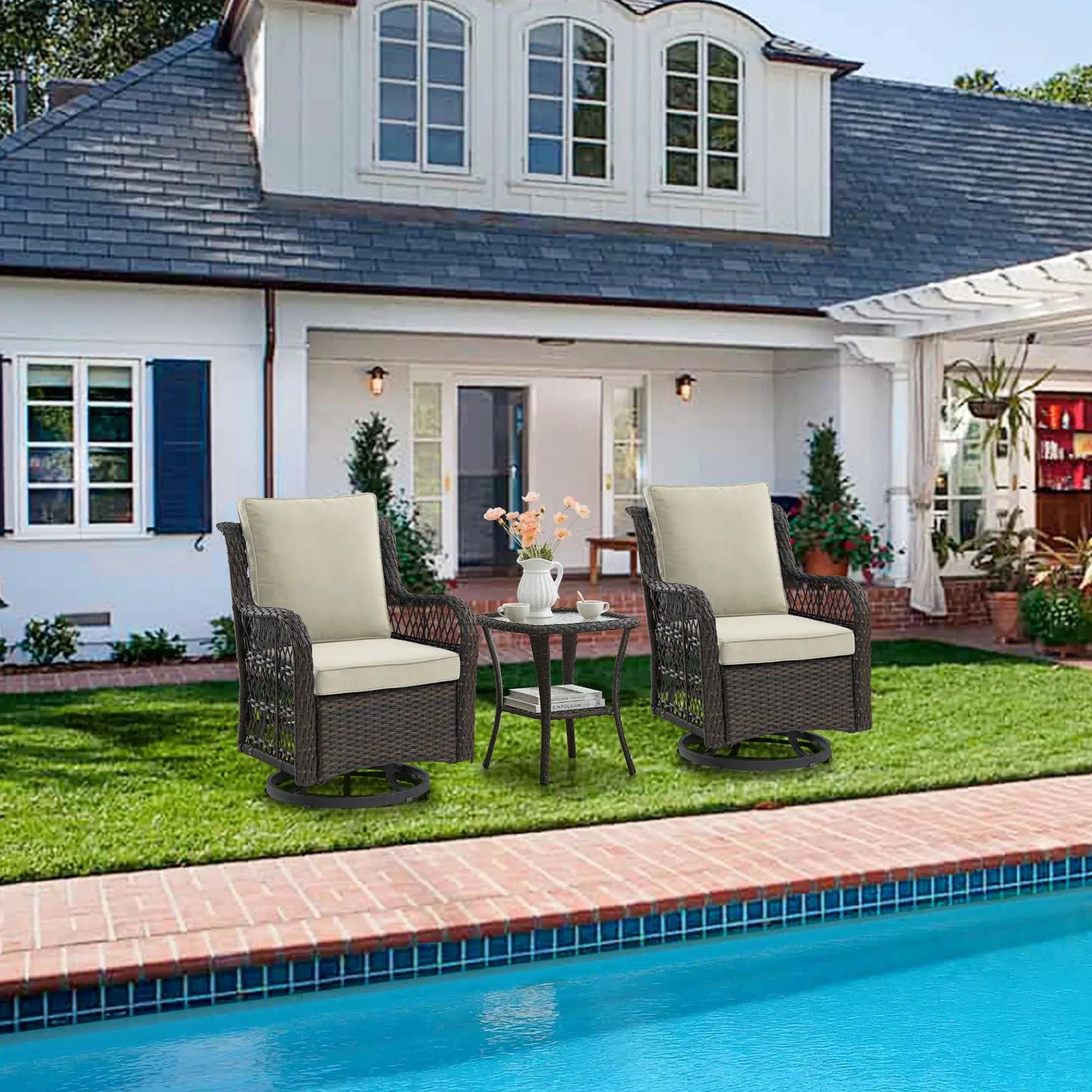 3 Pieces Outdoor Wicker Swivel Chair Set, Swivel Rocking Chairs Set of 2 with Rattan Side Table, 360-Degree Swivel Rocking Chair from PriceLows™
