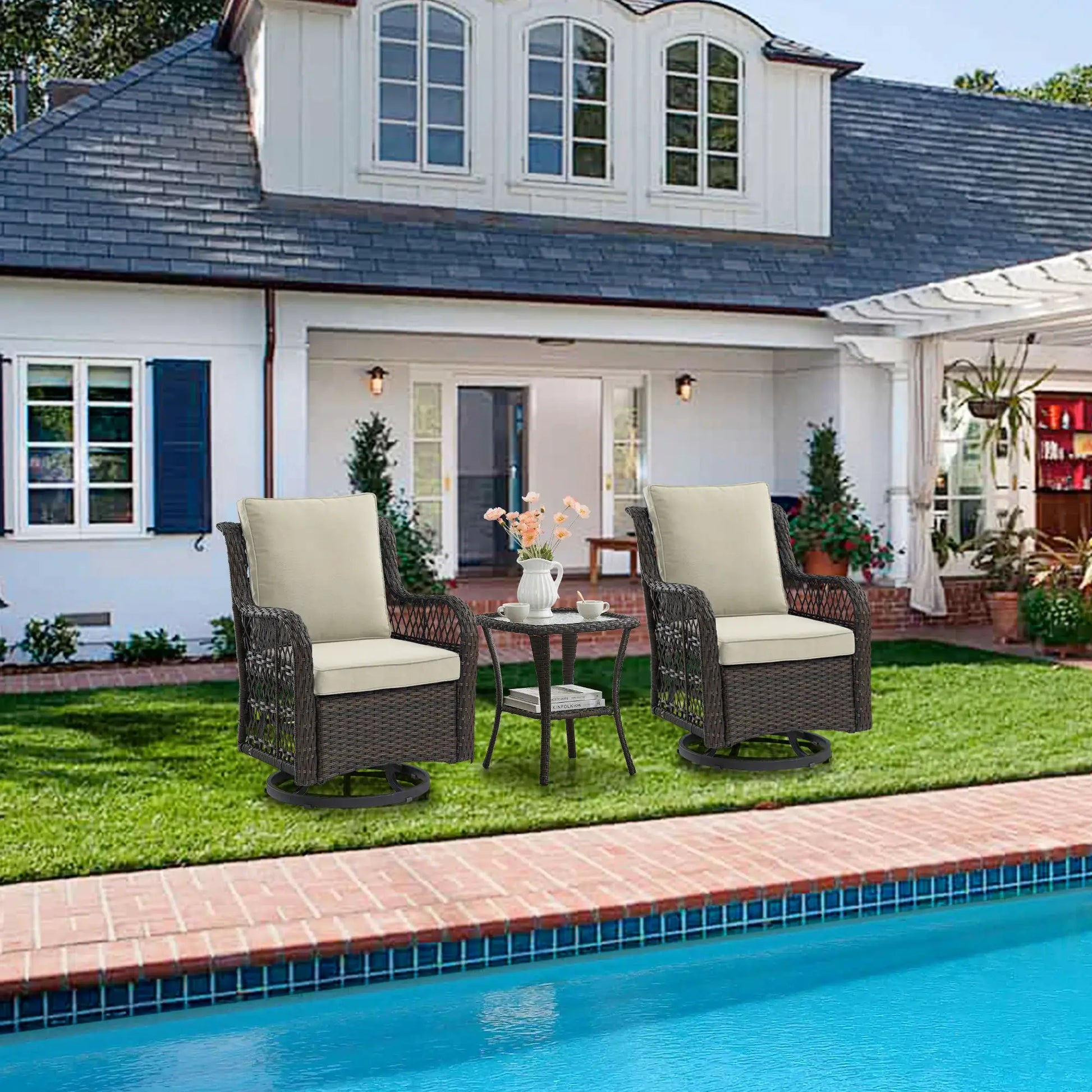 3 Pieces Outdoor Wicker Swivel Chair Set, Swivel Rocking Chairs Set of 2 with Rattan Side Table, 360-Degree Swivel Rocking Chair from PriceLows™