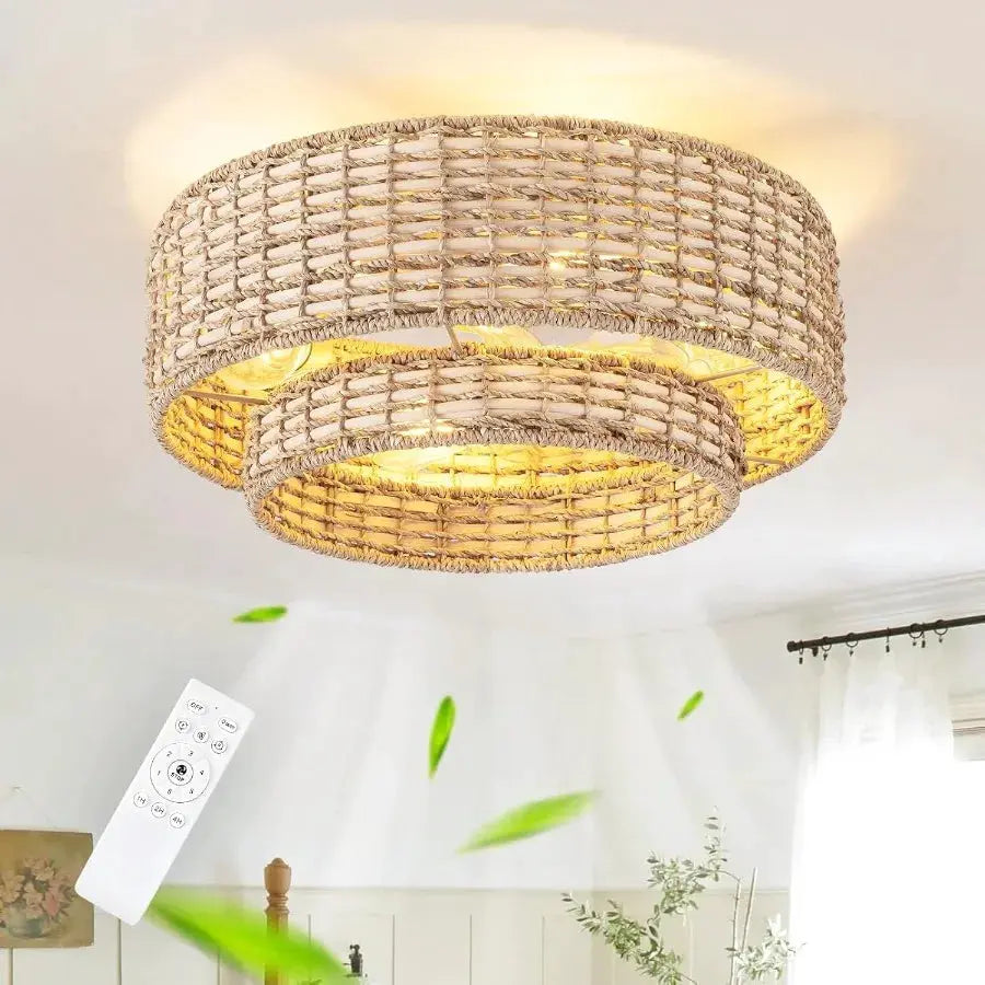 Boho Caged Ceiling Fans with Lights Flush Mount Layered Rattan Ceiling Fan with Light Remote Control with Reversible 6 Speeds f from PriceLows™