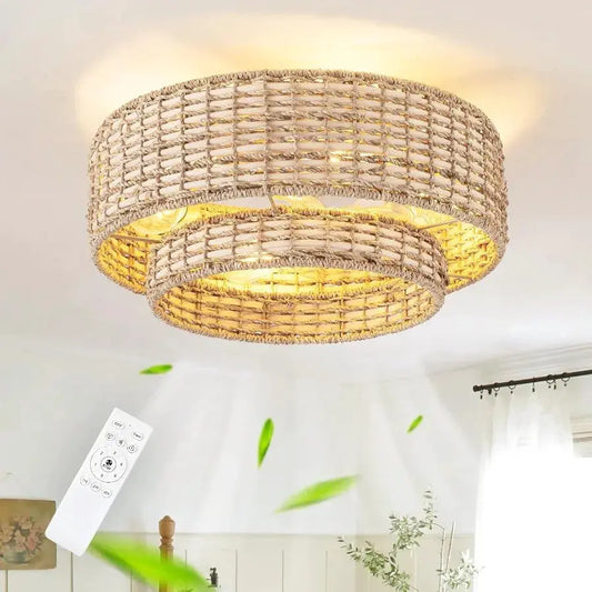 Boho Caged Ceiling Fans with Lights Flush Mount Layered Rattan Ceiling Fan with Light Remote Control with Reversible 6 Speeds f from PriceLows™