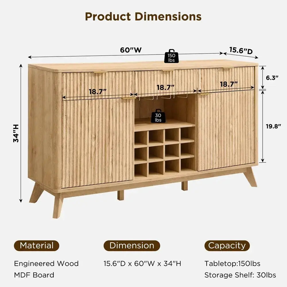 Fluted Wine Bar Cabinet, 60 Wide Modern Buffet Sideboard with Ample Storage 2 Side Cabinets, 3 Drawers, 4 Glass Holders amp 12 from PriceLows™