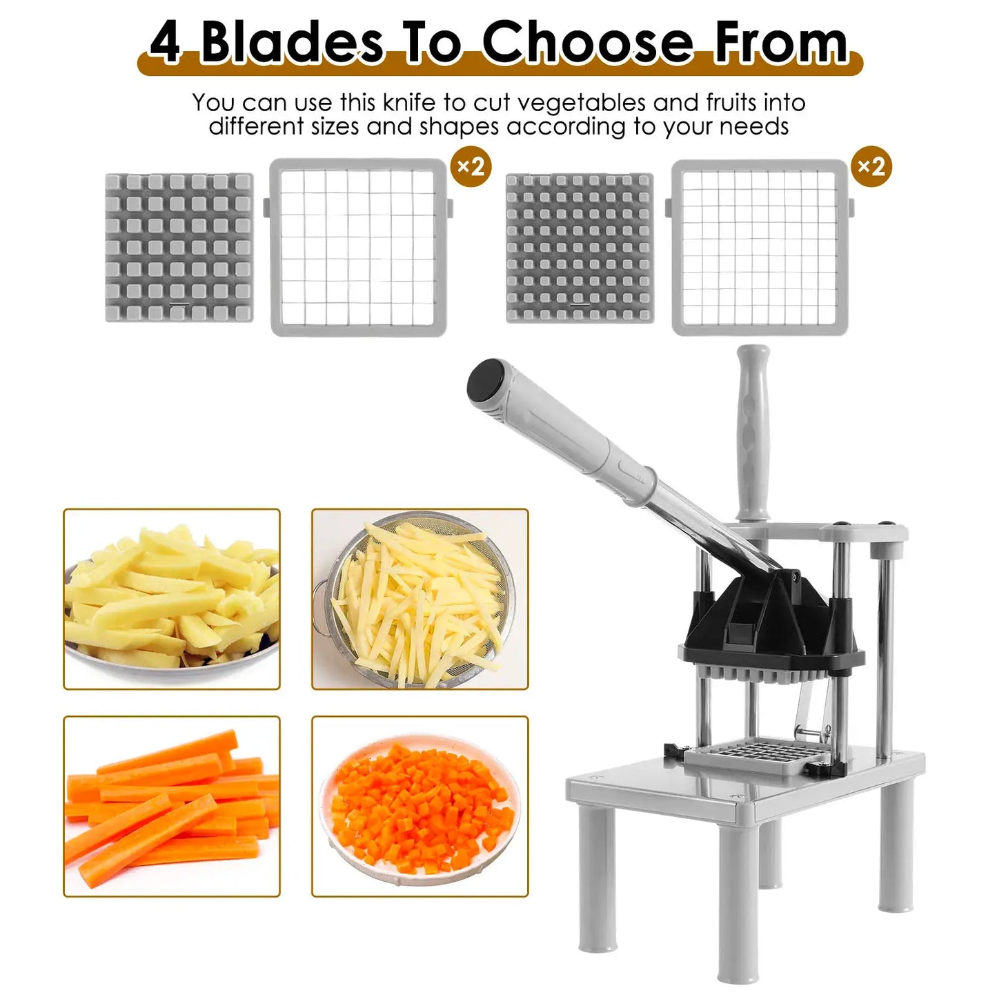 French Fry Cutter | Stainless Steel Blades | Manual | 4 Replacement Blades