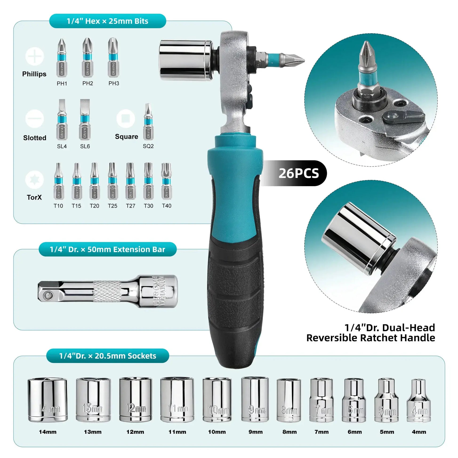 LIBRATON 26PCS 1/4" Dual-Drive Ratchet Wrench Set with Metric Shallow Sockets Screwdriver Bit Set Extension Bar for Auto Repair from PriceLows™