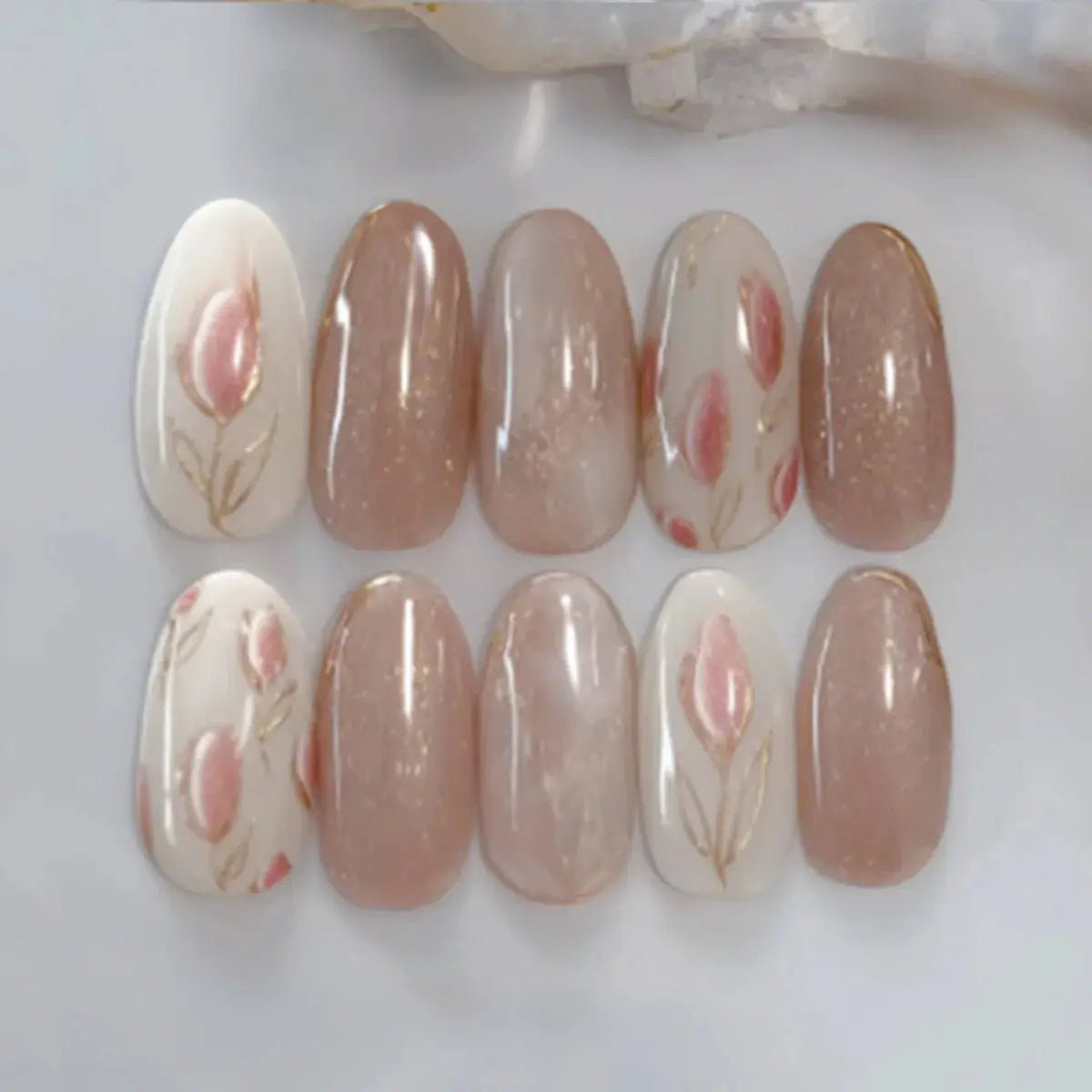 Almond Press On Nails | Acrylic Finish | Pearl Flower Design | 24 Piece Set