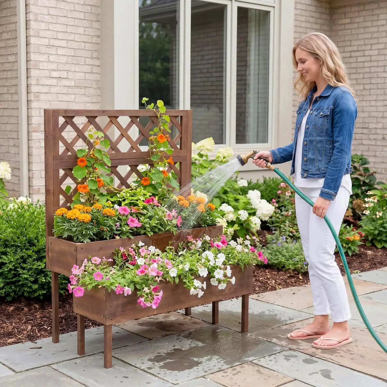 Wooden Raised Garden Bed with Trellis, 2-Tier Outdoor Elevated Planter Box with Legs & Drain Holes, Outdoor Gardening Planters from PriceLows™