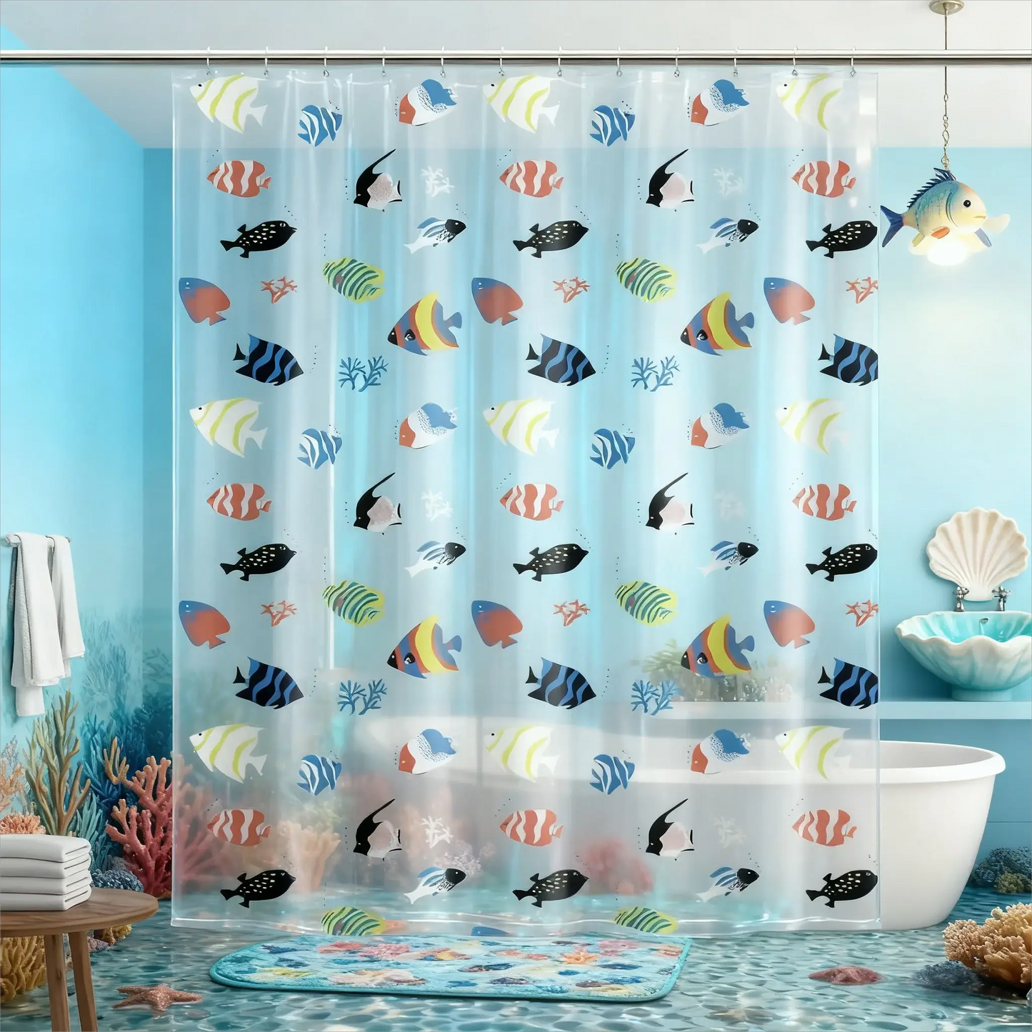 Tropical fish shower curtain, made of PEVA, colorful ocean pattern - transparent bathroom decor with durable metal grommets from PriceLows™